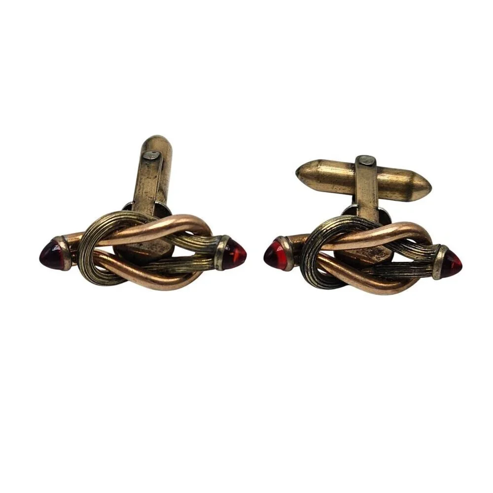 Vintage Gold Tone Knot Cufflinks With Red Crystal Accents For Men